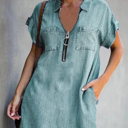 Denim dress with zipper closure