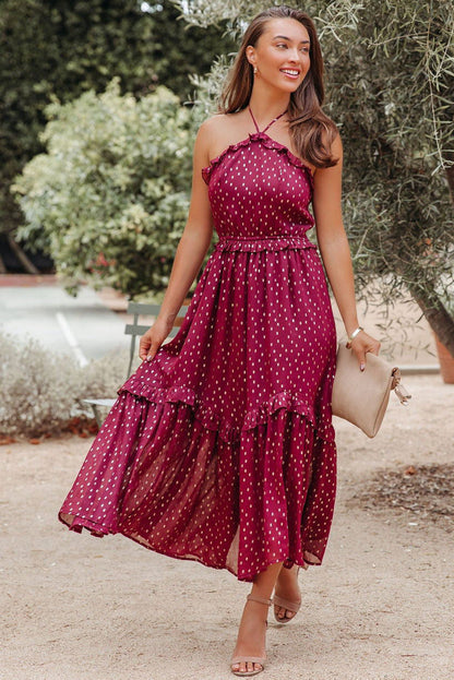 Long red polka dot dress