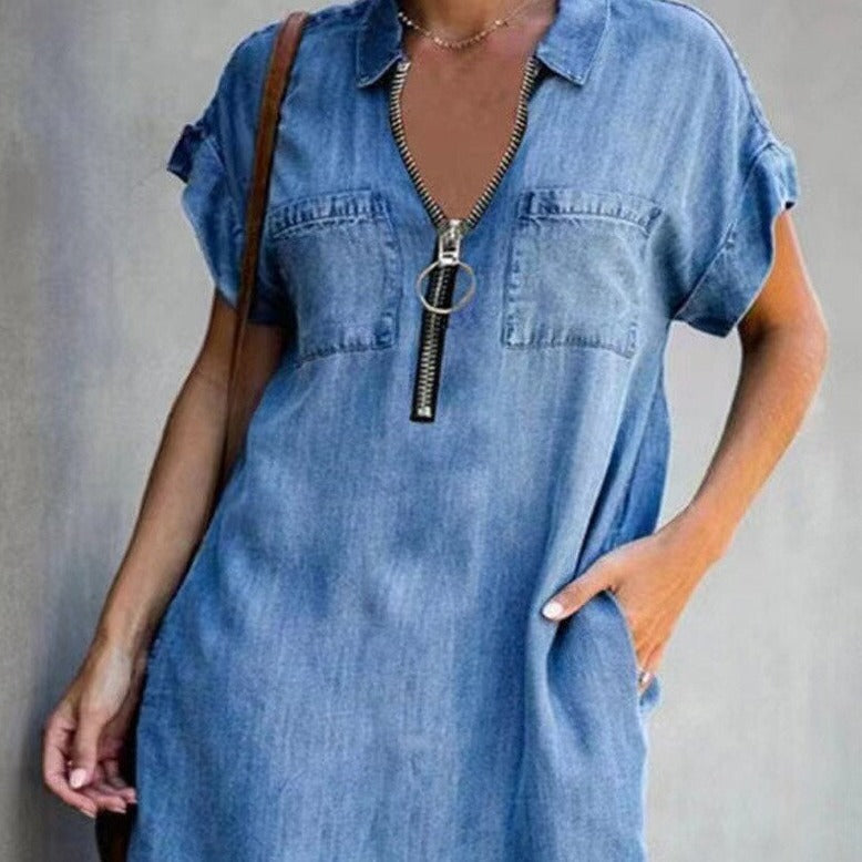 Denim dress with zipper closure