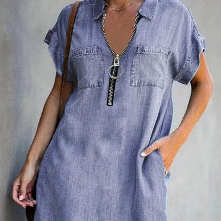 Denim dress with zipper closure