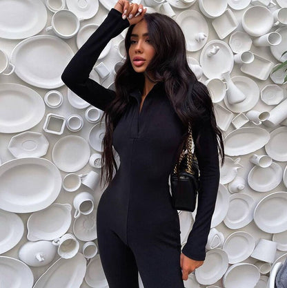 V-Neck Long Sleeve Bodycon Jumpsuit