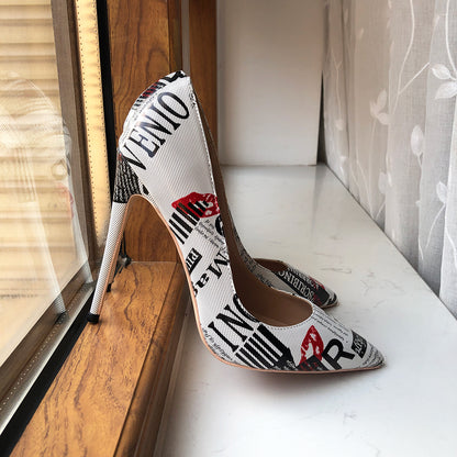 Graphic Print Pointed Toe High Heel Shoes