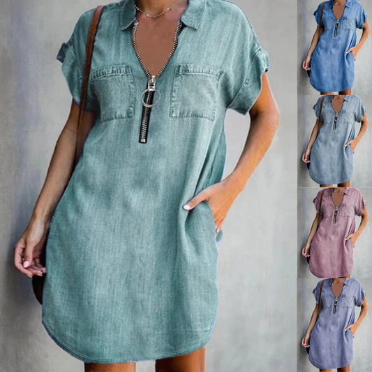 Denim dress with zipper closure