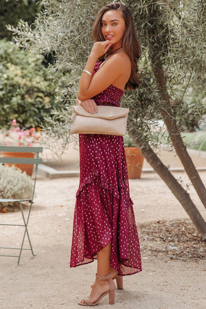 Long red polka dot dress