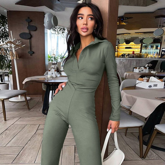 V-Neck Long Sleeve Bodycon Jumpsuit