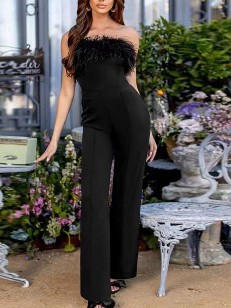 Women Jumpsuit with feather panels and sequins