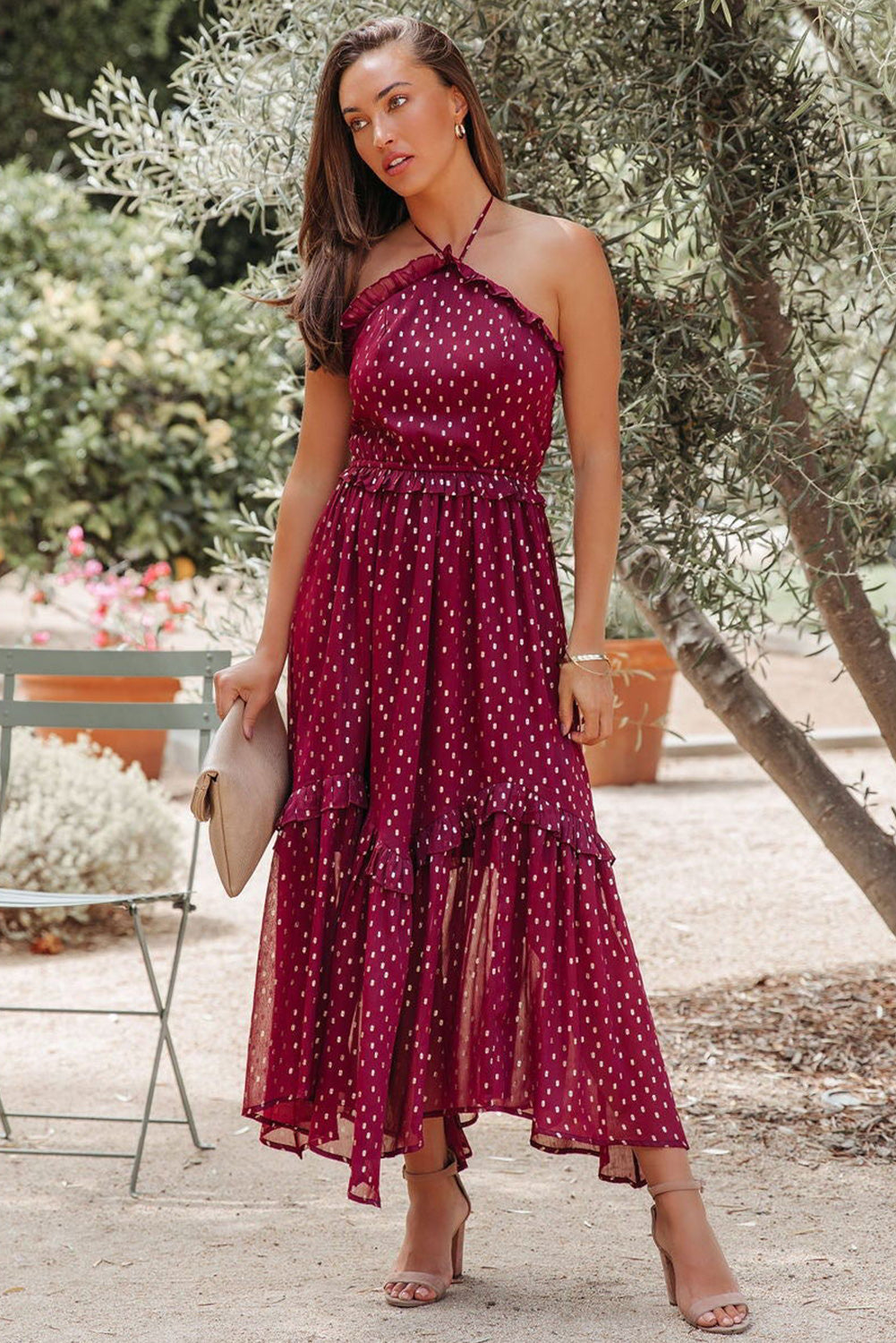 Long red polka dot dress