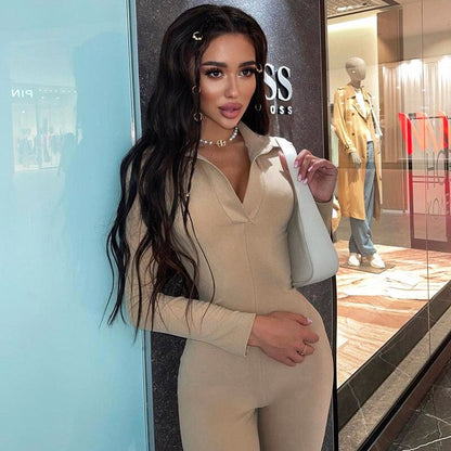 V-Neck Long Sleeve Bodycon Jumpsuit